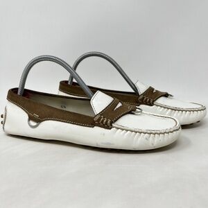Tod's Women's Driving Loafers Shoes White Patent Leather Brown Accents Size 6.5